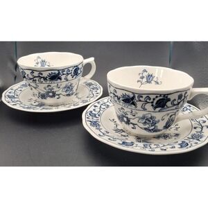 VTG Nikko Japan Double Phoenix Teacups Saucers Set of 2 Blue White c. 1950s–70s
